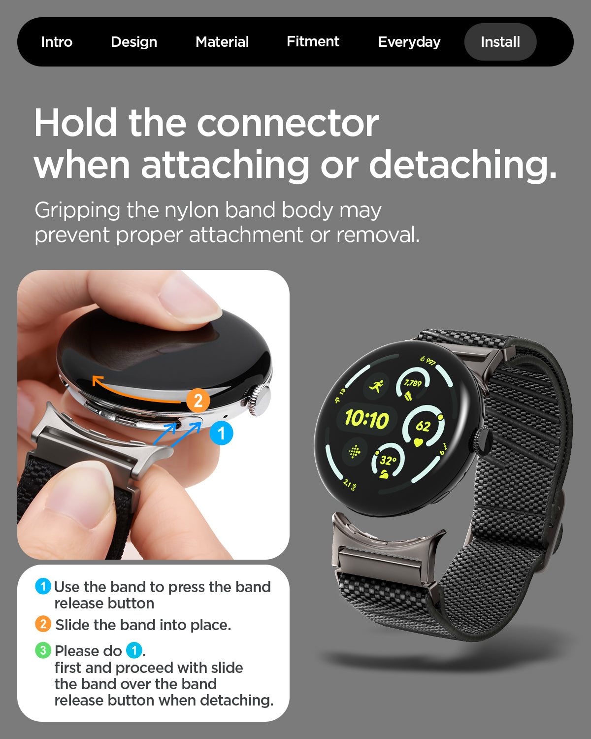 AMP11421 - Pixel Watch 4 45mm Lite Fit X Watch Band in black showing the hold the connector when attaching or detaching
