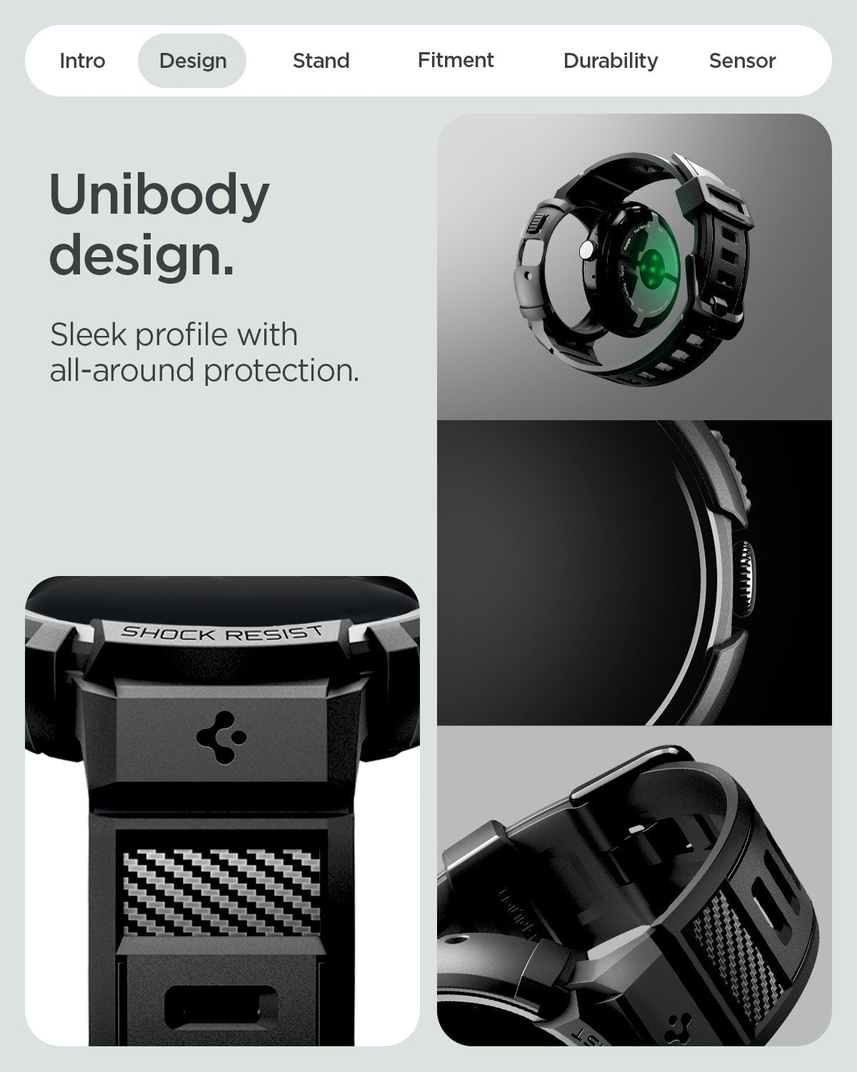 ACS11223 - Pixel Watch 4 (45mm) Band Rugged Armor Pro in black showing the unibody design. Sleek profile with all around protection