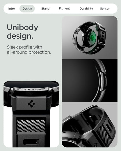 ACS11223 - Pixel Watch 4 (45mm) Band Rugged Armor Pro in black showing the unibody design. Sleek profile with all around protection