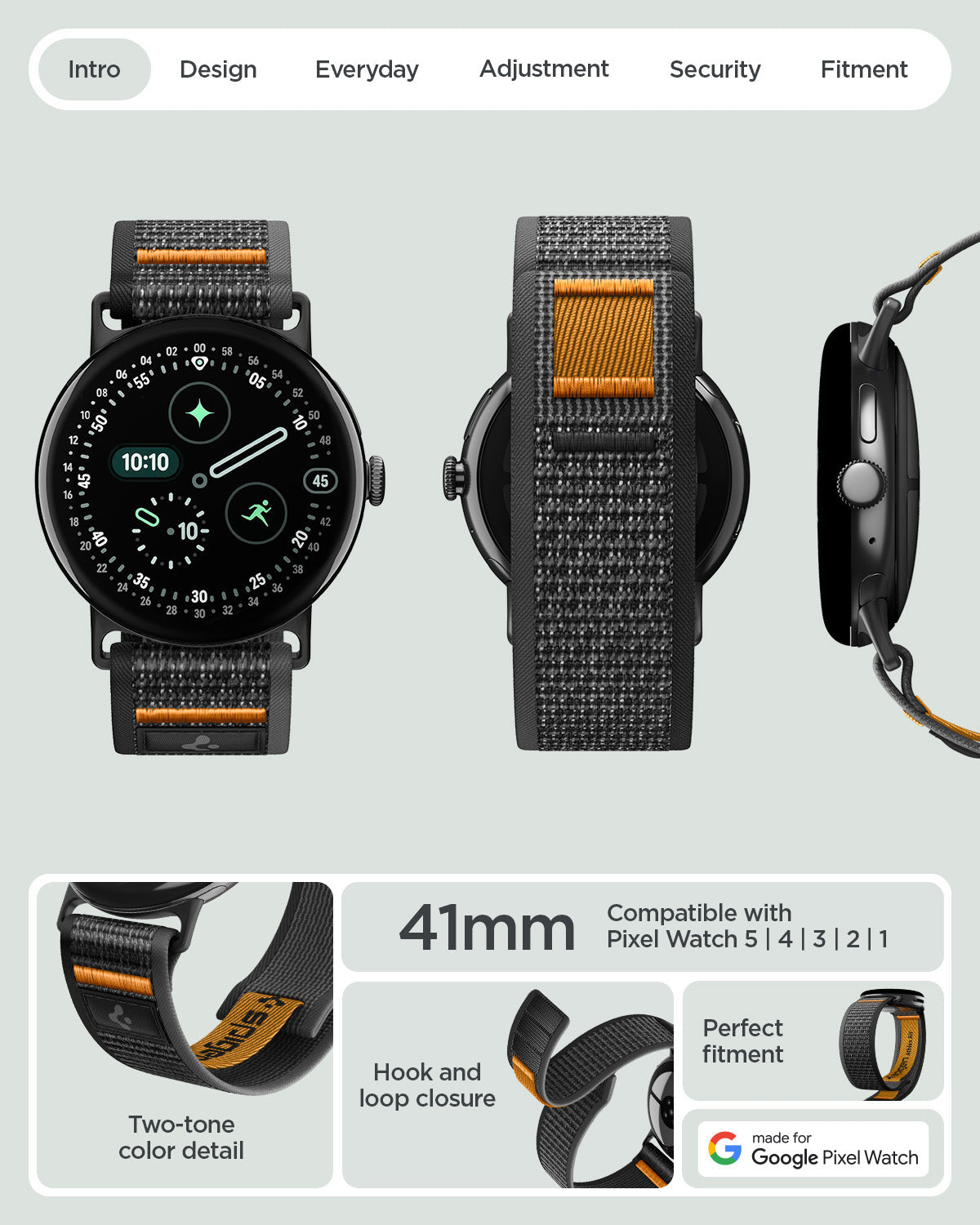 AMP11751 - Pixel Watch 5 (41mm) Athlex Air Active Black Orange multiple product angles showcase the overall design and secure attachment system.
