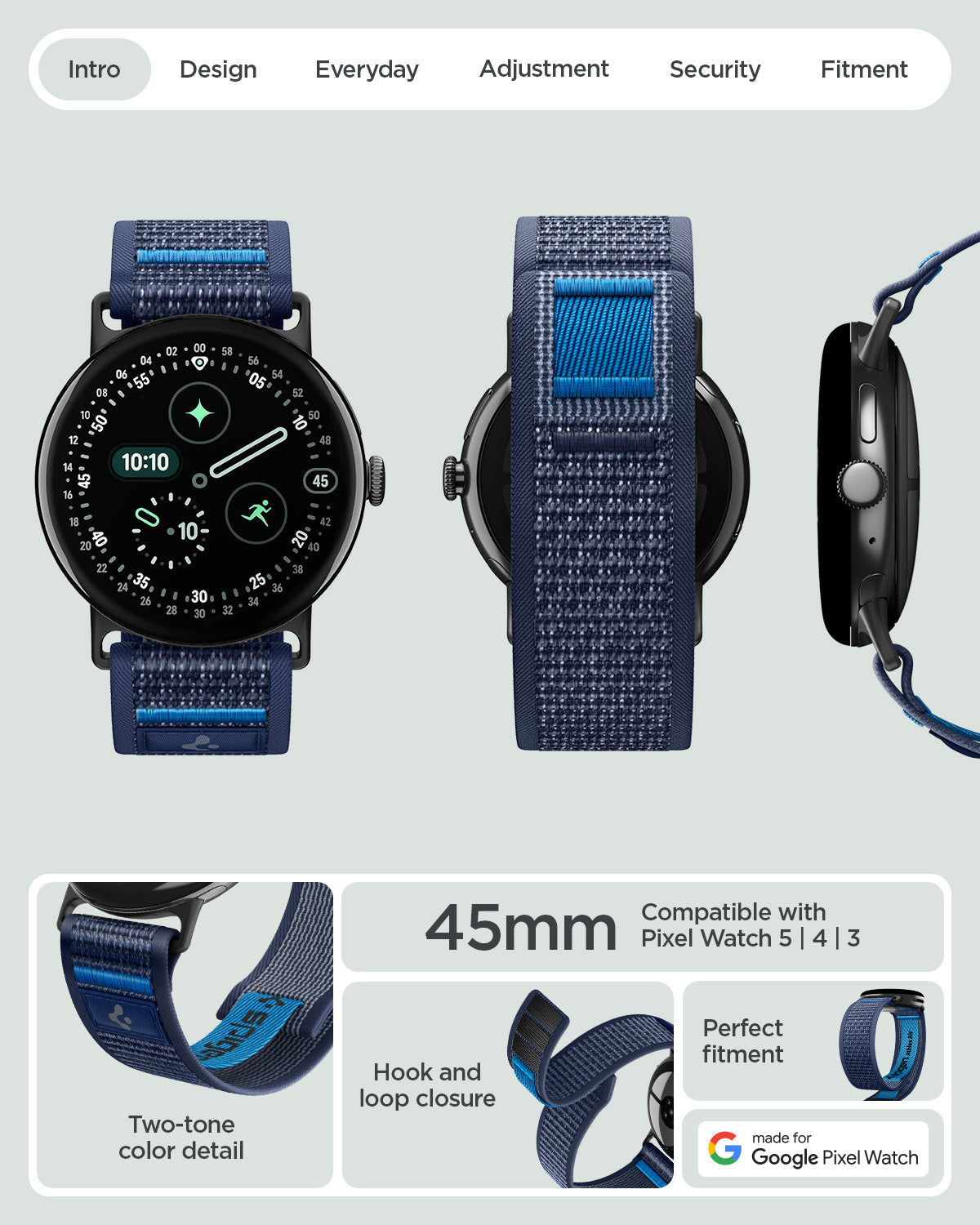 AMP11748 - Pixel Watch 5 (45mm) Athlex Air Active Navy Blue multiple product angles showcase the overall design and secure attachment system.