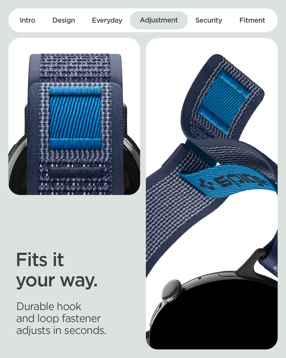 AMP11748 - Pixel Watch 5 (45mm) Athlex Air Active Navy Blue hook and loop fastener allows quick, secure, and precise adjustment.