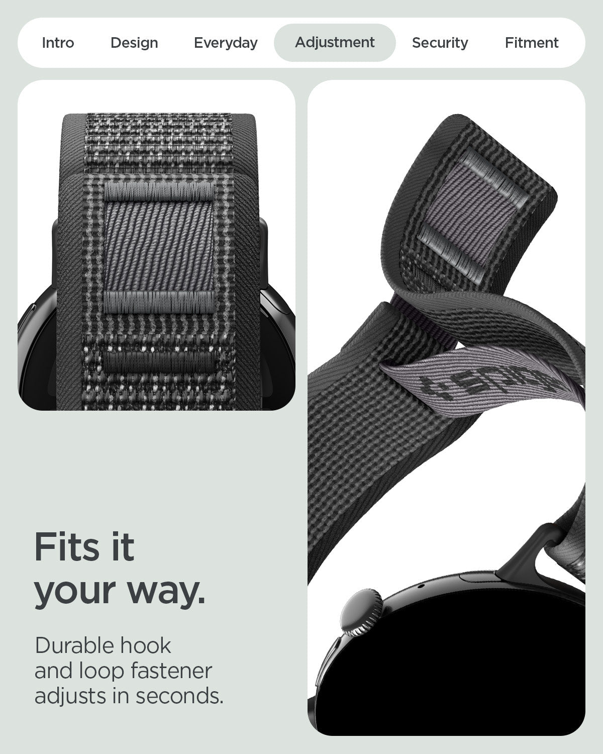 AMP11753 - Pixel Watch 5 (41mm) Athlex Air Active Black Gray hook and loop fastener allows quick, secure, and precise adjustment.