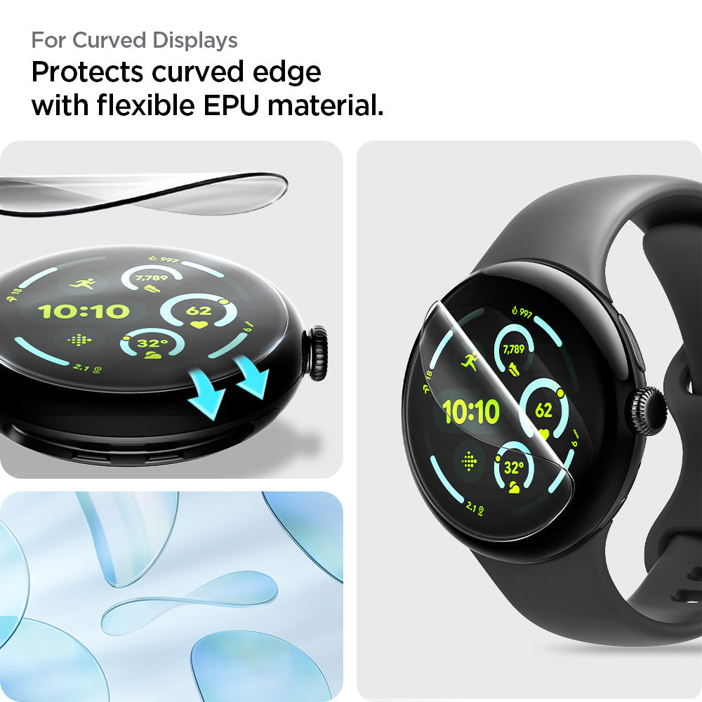 AFL08525 - Pixel Watch 3 (45mm) EliteShield EZ Fit in Clear for curved displays. protects curved edge with flexible EPU material.