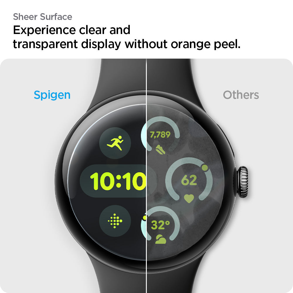 AFL08525 - Pixel Watch 3 (45mm) EliteShield EZ Fit in Clear sheer surface experience clear and transparent display without orange peel. compare spigen and others.