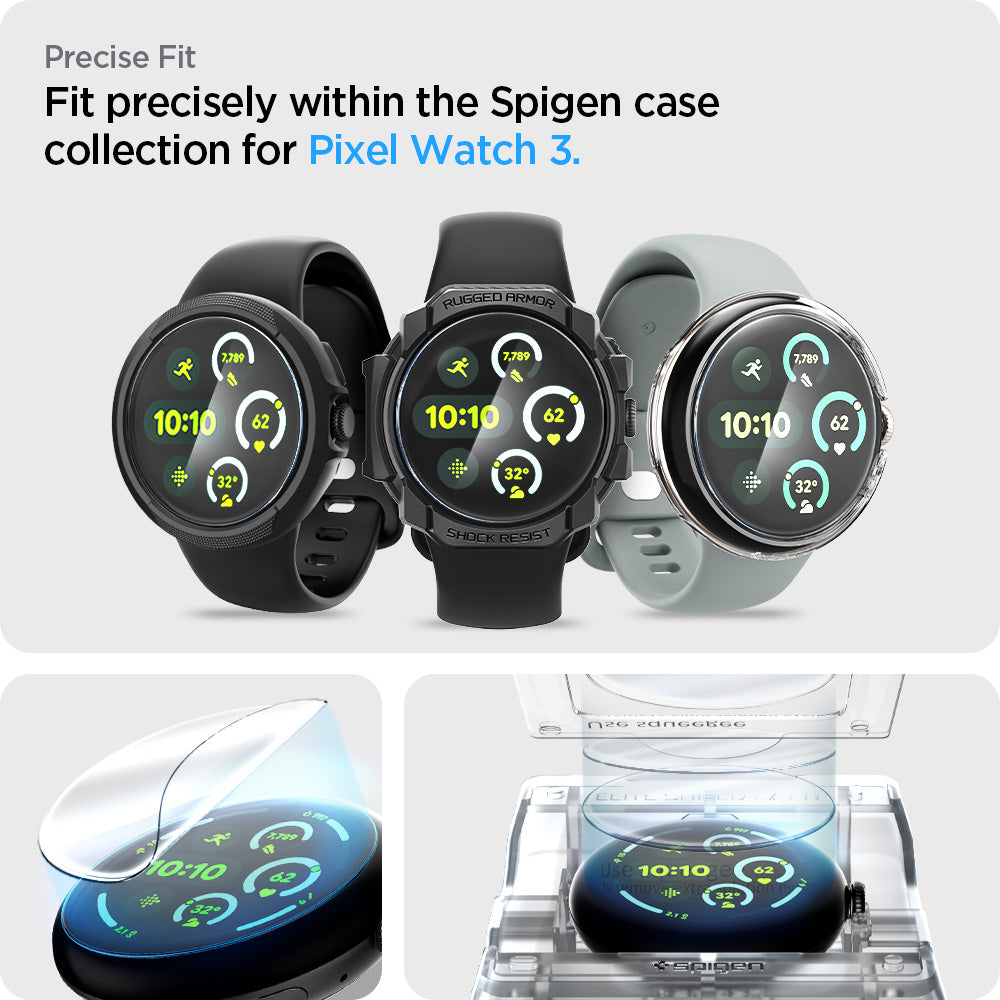 AFL08525 - Pixel Watch 3 (45mm) EliteShield EZ Fit in Clear precise fit. fit precisely within the spigen case collection for pixel watch 3.