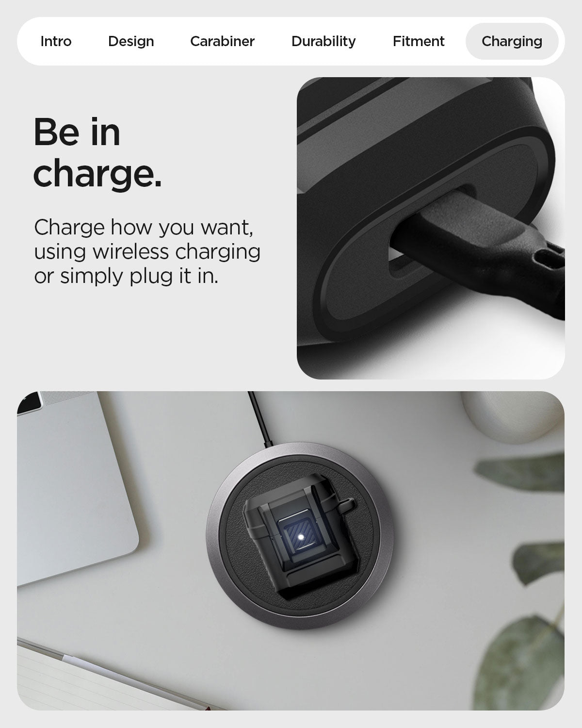 ACS09481 - Pixel Buds 2a Case Lock Fit in black showing be in charge. Charge how you want, using wireless charging or simply plug it in