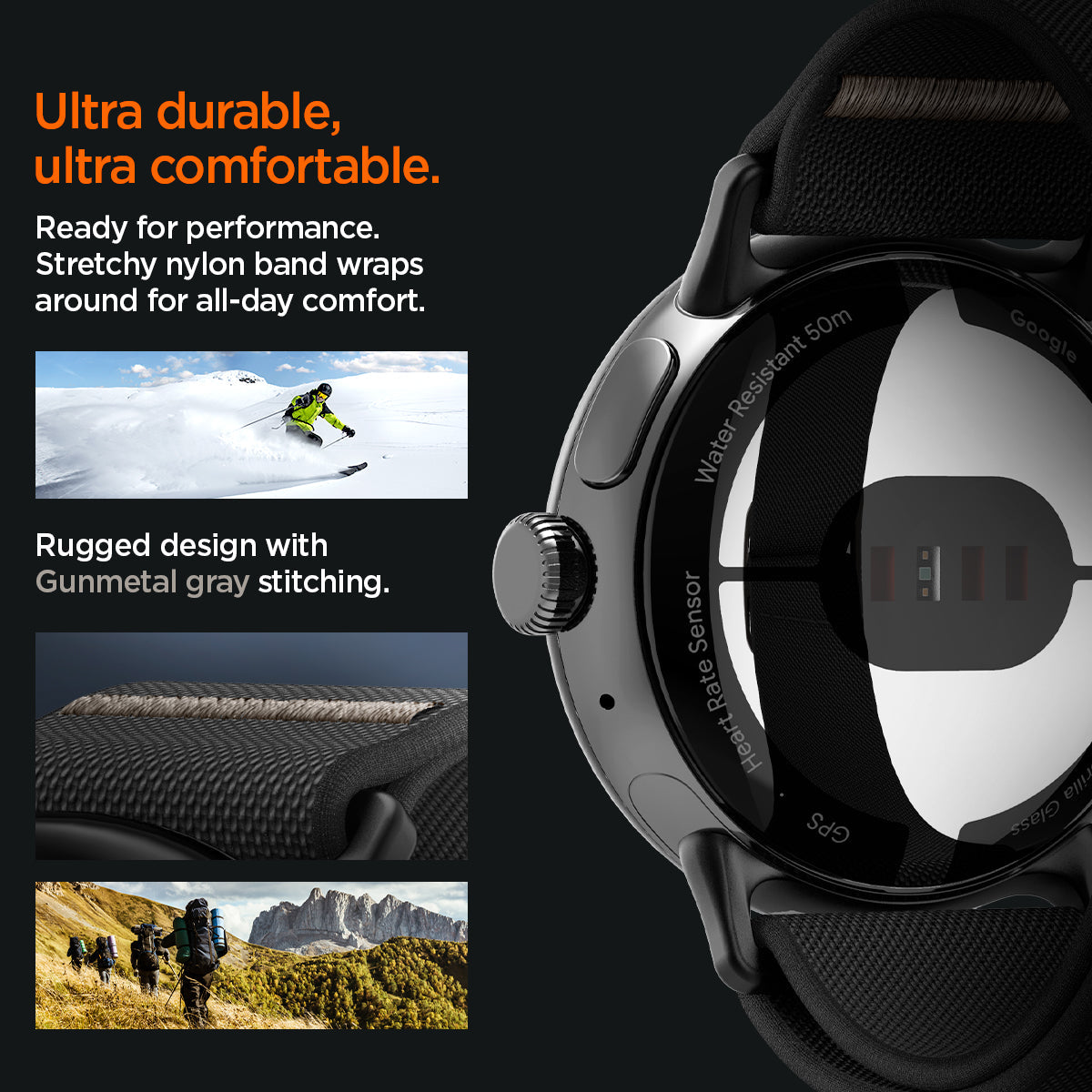 AMP06348 - Pixel Watch Series Case Lite Fit in black ultra durable, ultra comfortable. ready for performance stretchy nylon band wraps around for all day comfort. rugged design with gunmetal gray stitching.