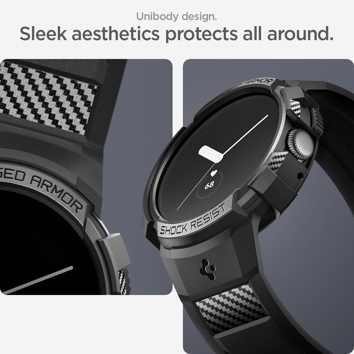 ACS04800 - Pixel Watch Case Rugged Armor Pro in black unibody design. sleek aesthetics protects all around.