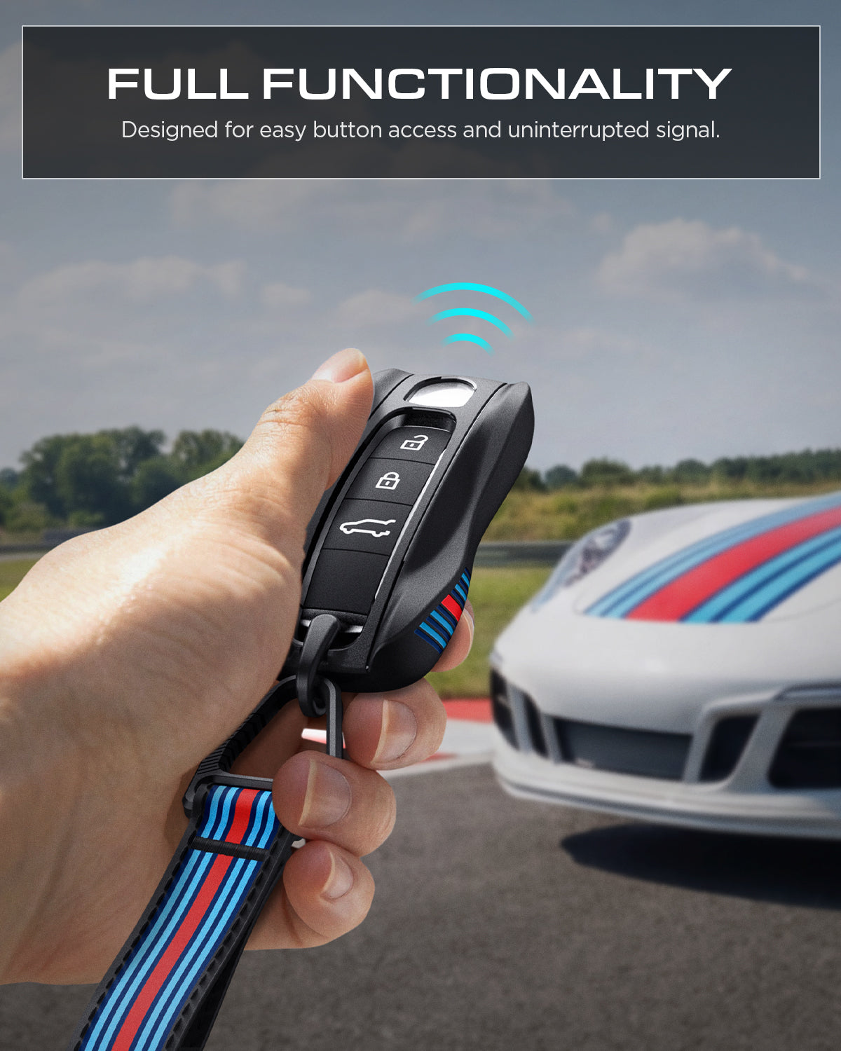 ACS10800 - Porsche Key Fob Cover | PK100 in Matte Black showing full functionality. designed for easy button access and uninterrupted signal