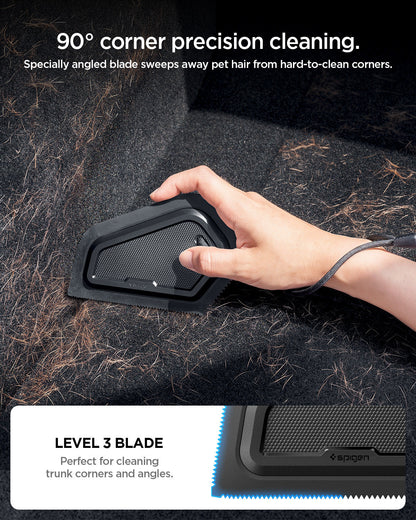 ACP11829 - Spigen scraper's angled Level 3 blade cleaning pet hair from a tight trunk corner