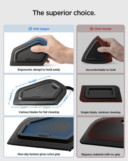 ACP11829 - Comparison chart of Spigen pet hair scraper's ergonomic grip, multiple blade types, and non-slip texture versus other brands' uncomfortable, single-blade, slippery design