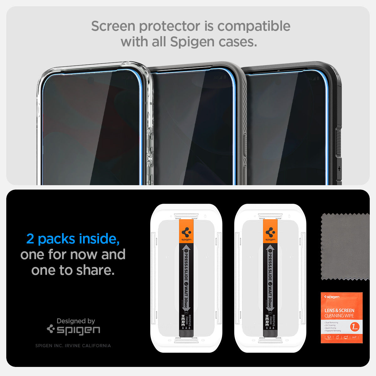 AGL09312 - Pixel 9 Pro GLAS.tR EZ Fit Privacy in Privacy showing the screen protector is compatible with all Spigen cases. 2 packs inside and one for now and one to share