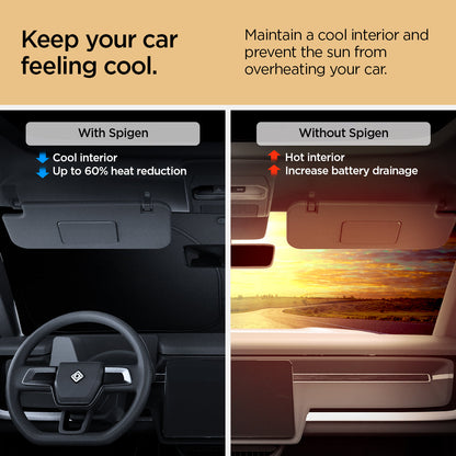 ACP09093 - R1S (2022-2025) Rivian CryoShade RO260 in Black showing how keeping your car feeling cool. Maintain a cool interior and prevent the sun from over heating your car. With Spigen it reduces UV damage on the car, lowered heat on the car and battery drain from parking
