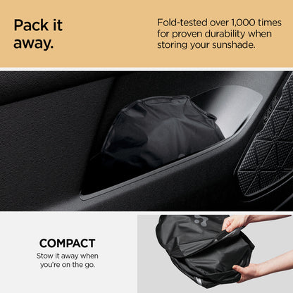 ACP09093 - R1S (2022-2025) Rivian CryoShade RO260 in Black showing the fold-tested over 1,000 times for proven durability when storing your sunshade. Compact and can stow away when you're on the go