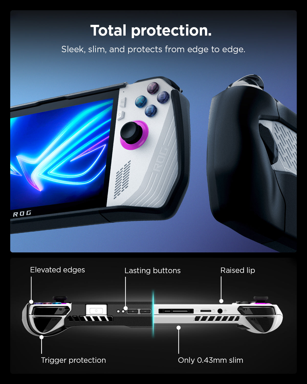 ACS06922 - ROG Ally Series Case Thin Fit Pro in black showing the total protection. Sleek, slim, and protects from edge to edge. Elevated edges, lasting buttons, raised lip, trigger protection and only 0.43mm slim