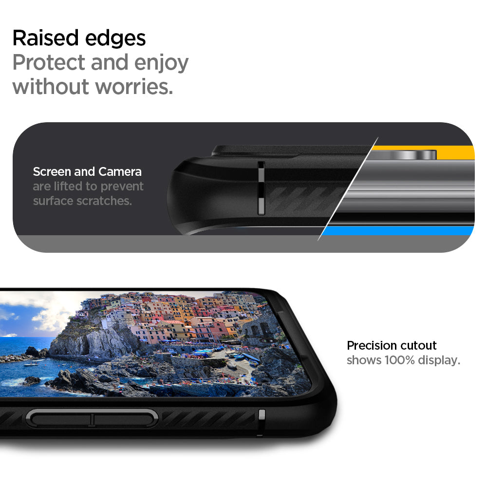 ACS00790 - Galaxy S20 Rugged Armor Case in black raised edges protect and enjoy without worries. Screen and Camera are lifted to prevent surface scratches. Precision cutout shows 100% display.