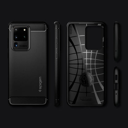ACS00711 - Galaxy S20 Ultra Rugged Armor Case in black showing front, back, side.