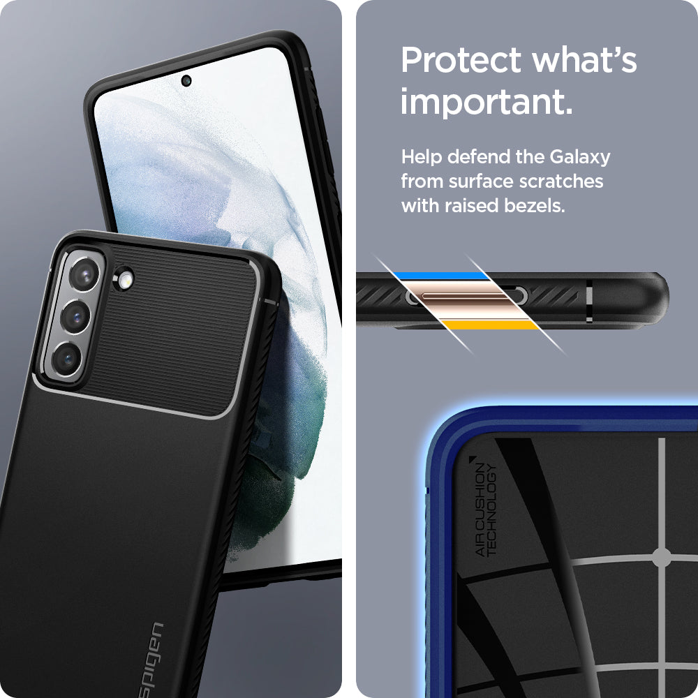 ACS02421 - Galaxy S21 Rugged Armor Case in matte black protect what's important. Help defend the galaxy from surface scratches with raised bezels.