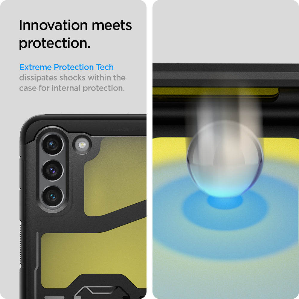 ACS02425 - Galaxy S21 Tough Armor Case in black innovation meets protection. Extreme protection tech dissipates shocks within he case for internal protection.