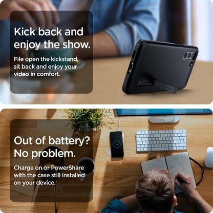 ACS02425 - Galaxy S21 Tough Armor Case in black kick back and enjoy the show. File open the kickstand, sit back and enjoy your video in comfort. Out of battery? no problem. Charge on or powershare with the case still installed on your device.
