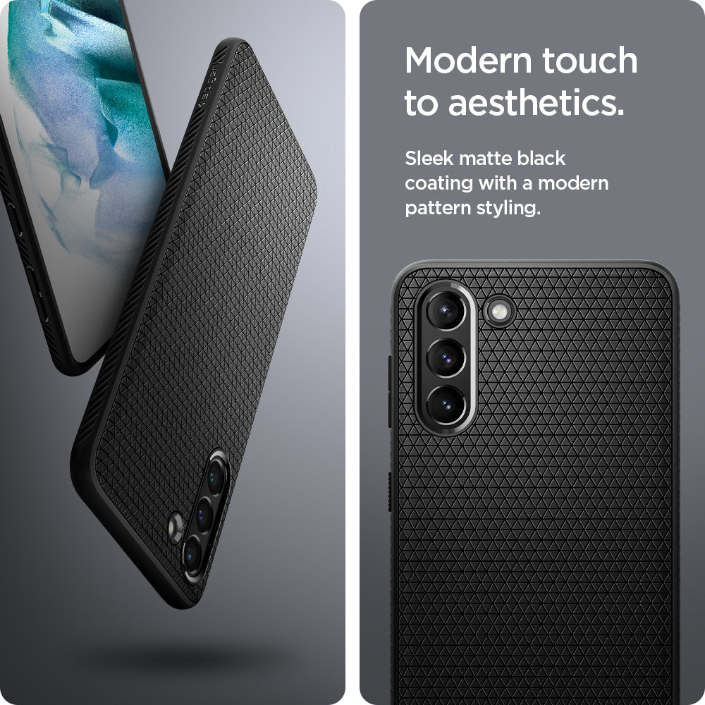 ACS02386 - Galaxy S21 Plus Liquid Air Case in matte black showing the modern touch to aesthetics. Sleek matte black coating with a modern pattern style