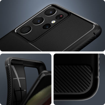 ACS02349 - Galaxy S21 Ultra Rugged Armor Case in matte black showing back with the camera and rugged case.