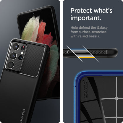 ACS02349 - Galaxy S21 Ultra Rugged Armor Case in matte black protect what's important. Help defend the galaxy from surface scratches with raised bezels.