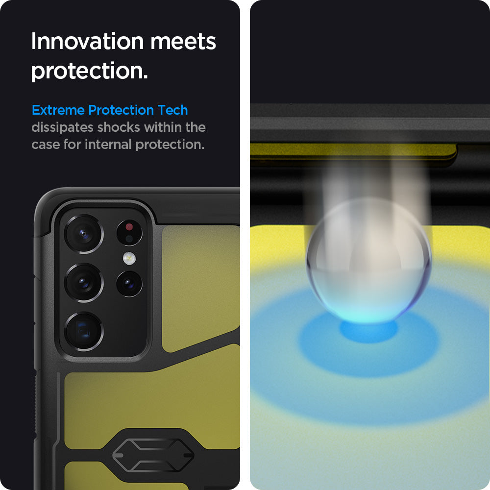 ACS02354 - Galaxy S21 Ultra Tough Armor Case in black innovation meets protection. Extreme protection tech dissipates shocks within he case for internal protection.