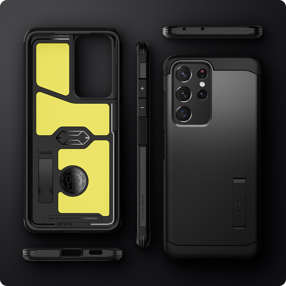 ACS02354 - Galaxy S21 Ultra Tough Armor Case in black showing back and front of phone case.