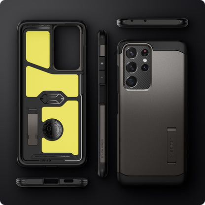 ACS02355 - Galaxy S21 Ultra Tough Armor Case in gunmetal showing back and front of phone case.