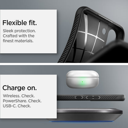 ACS03987 - Galaxy S22 5G Case Liquid Air in black showing the flexible fit. Sleek protection. Crafted with the finest materials. Charge on. Wireless, PowerShare and USB- C all check