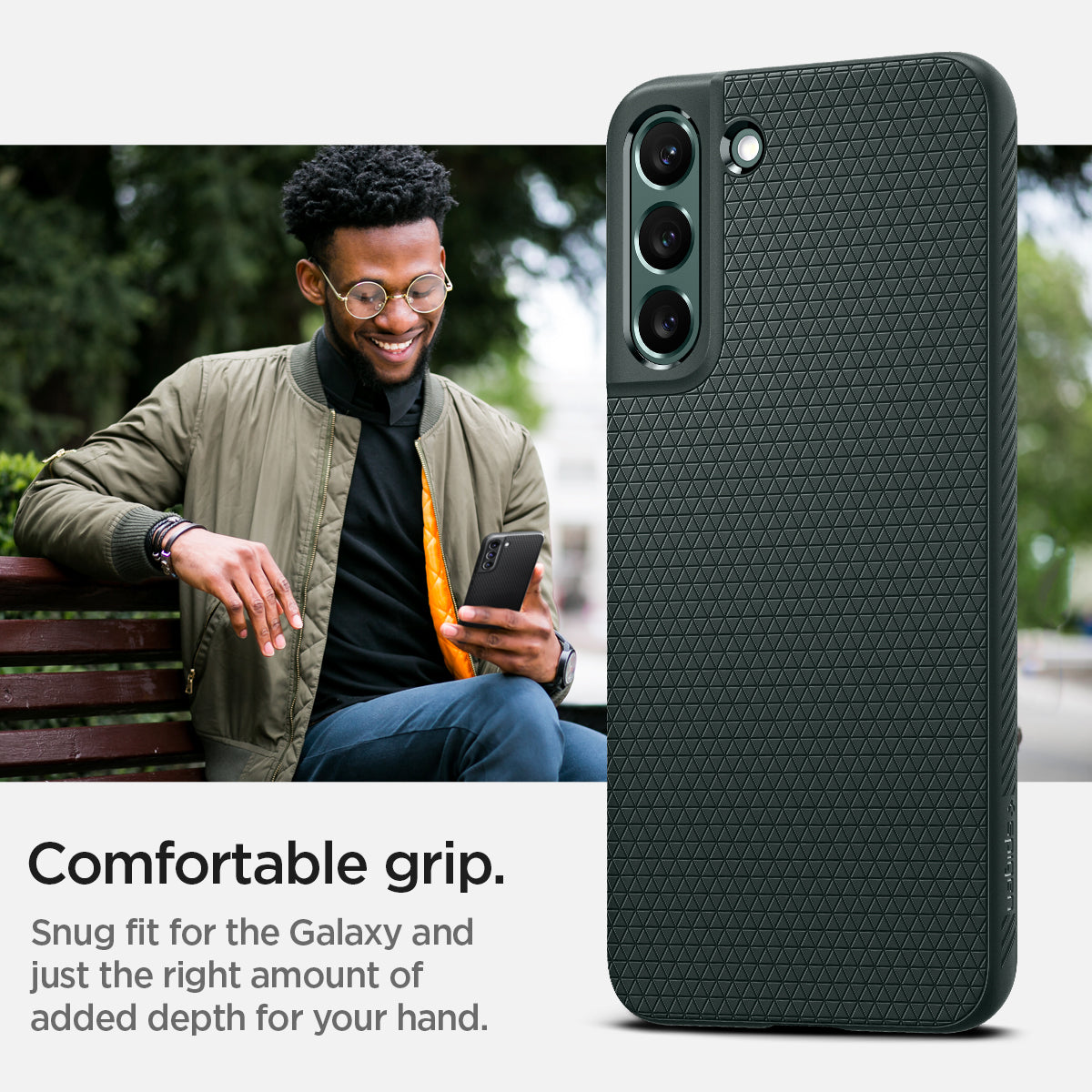 ACS04386 - Galaxy S22 5G Case Liquid Air in abyss green showing the comfortable grip. Snug fit for the Galaxy and just the right amount of added depth for your hand