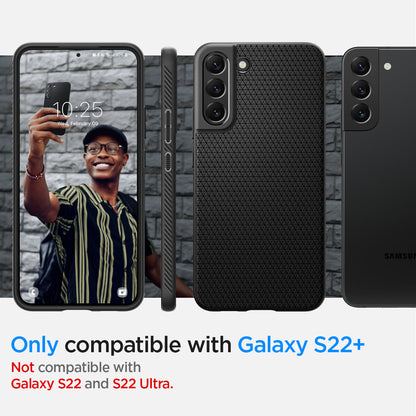 ACS03953 - Galaxy S22 Plus 5G Case Liquid Air in black showing the compatibility only with Galaxy S22+. Not compatible with Galaxy S22 and S22 Ultra
