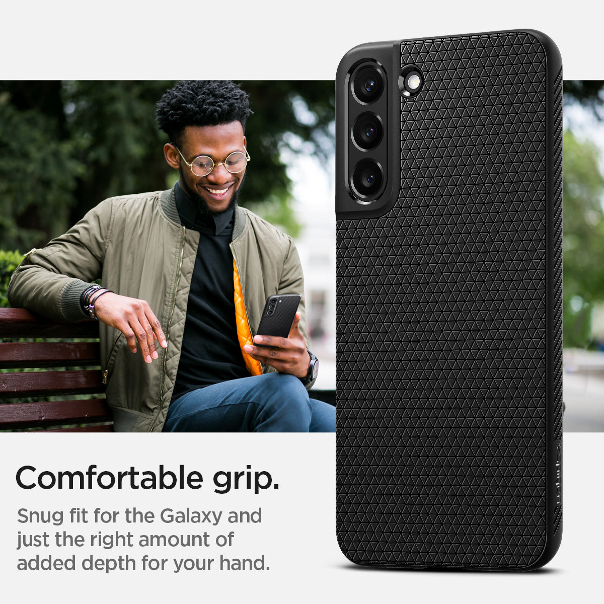 ACS03953 - Galaxy S22 Plus 5G Case Liquid Air in black showing the comfortable grip. Snug fit for the Galaxy and just the right amount of added depth for your hand