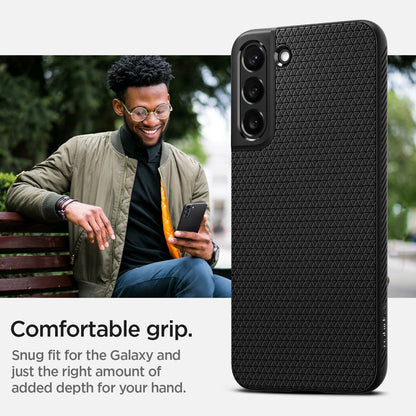 ACS03953 - Galaxy S22 Plus 5G Case Liquid Air in black showing the comfortable grip. Snug fit for the Galaxy and just the right amount of added depth for your hand