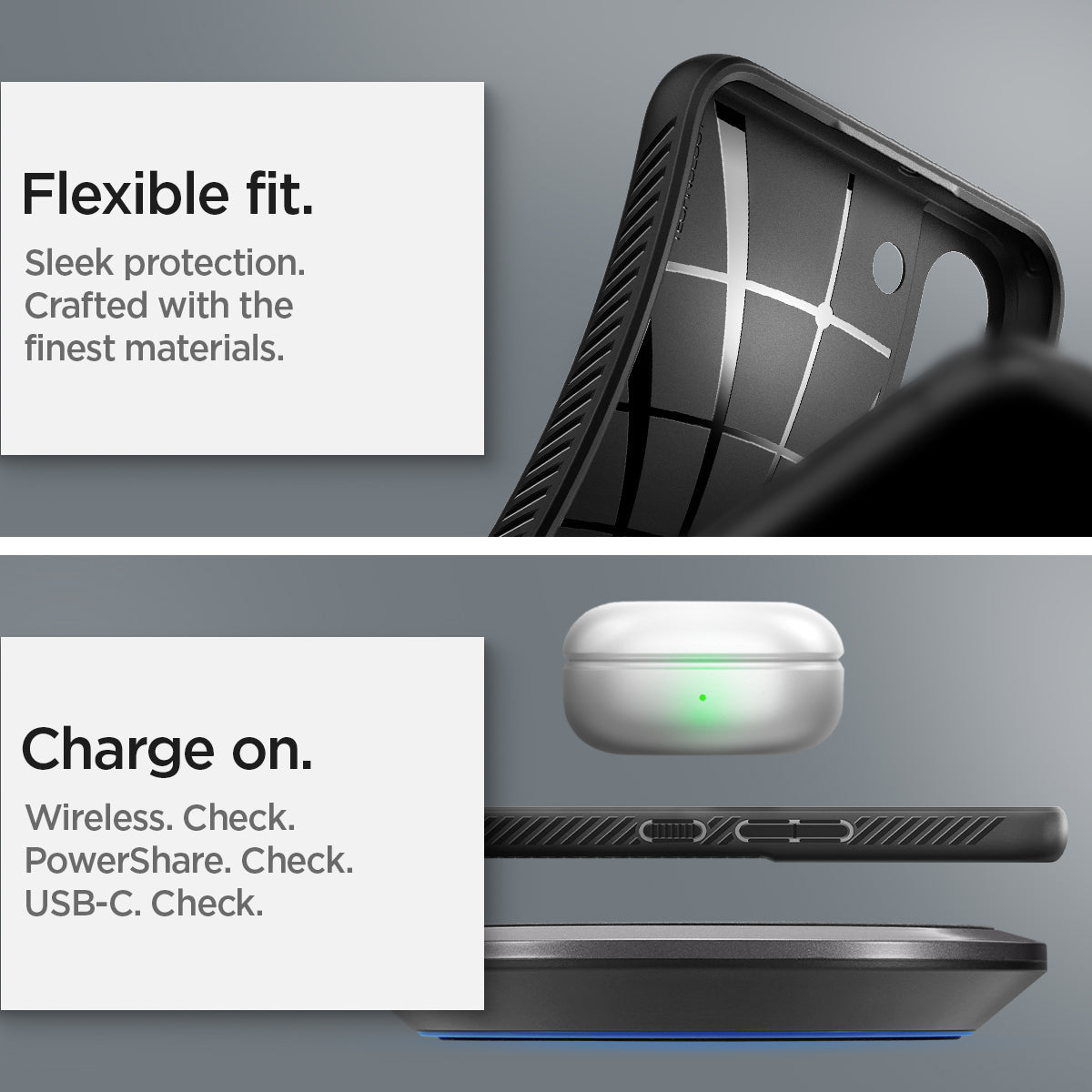 ACS03953 - Galaxy S22 Plus 5G Case Liquid Air in black showing the flexible fit. Sleek protection. Crafted with the finest materials. Charge on. Wireless, PowerShare and USB- C all check
