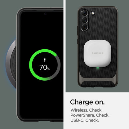 ACS03960 - Galaxy S22 Plus 5G Case Neo Hybrid in gunmetal charge on. wireless check. powershare check. USB-C check.