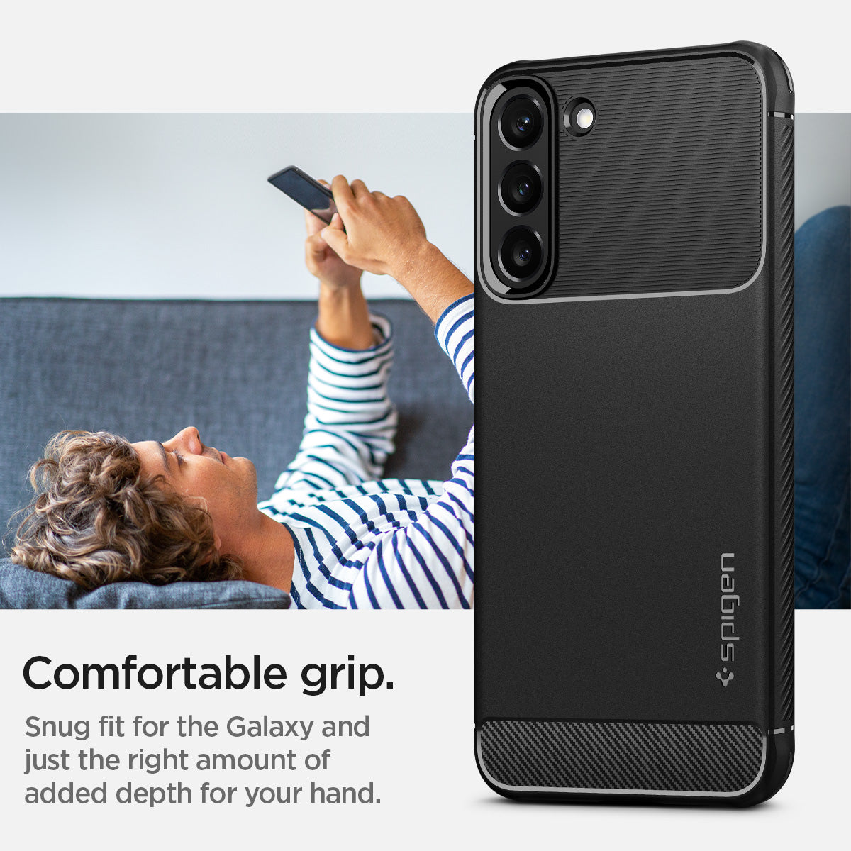 ACS03952 - Galaxy S22 Plus 5G Case Rugged Armor in black comfortable grip. Snug fit for the galaxy and just the right amount of added depth for your hand.
