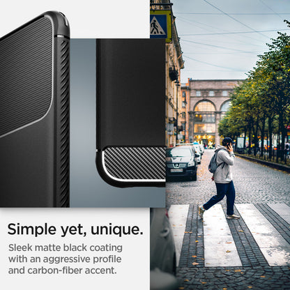 ACS03986 - Galaxy S22 5G Case Rugged Armor in black simple yet unique. Sleek matte black coating with an aggressive profile and carbon fiber accent.