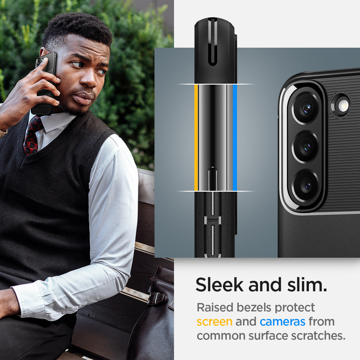 ACS03986 - Galaxy S22 5G Case Rugged Armor in black sleek and slim. Raised bezels protect screen and cameras from common surface scratches.