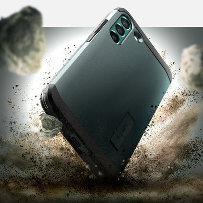 ACS04387 - Galaxy S22 5G Case Tough Armor in abyss green showing back with the rock.