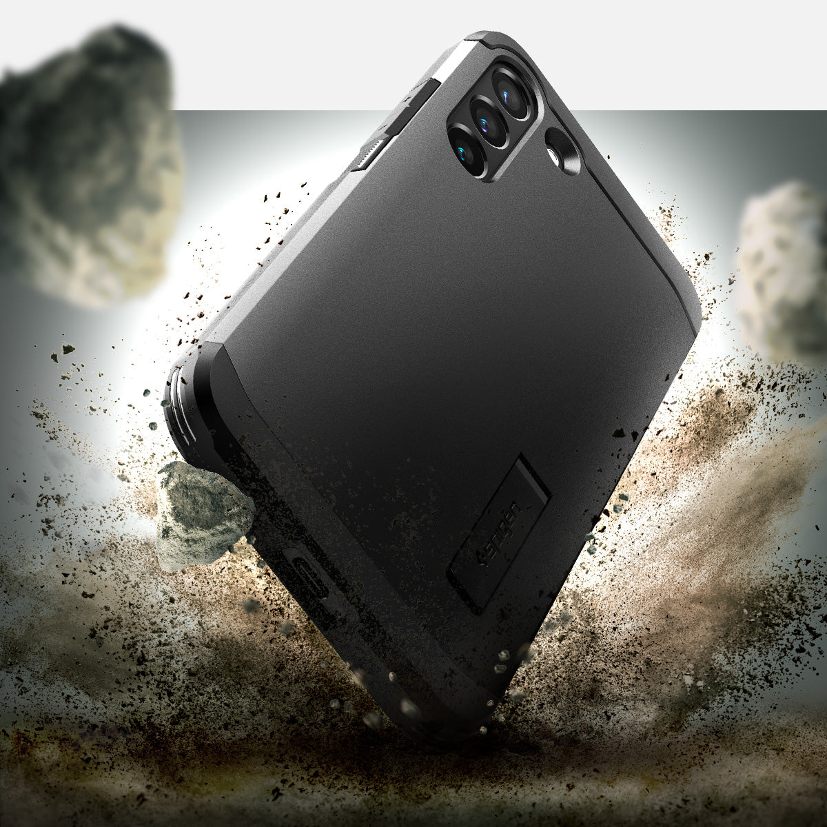 ACS03991 - Galaxy S22 5G Case Tough Armor in black showing back with the rock.