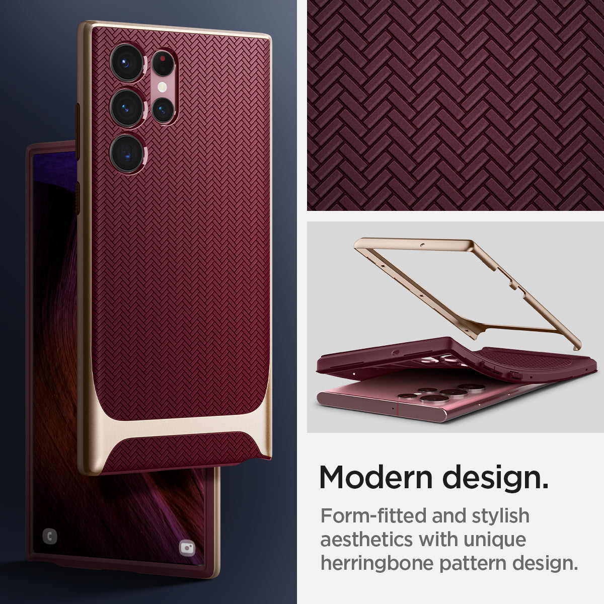 ACS04382 - Galaxy S22 Ultra 5G Case Neo Hybrid in burgundy modern design. form fitted and stylish aesthetic with unique herringbone pattern design.