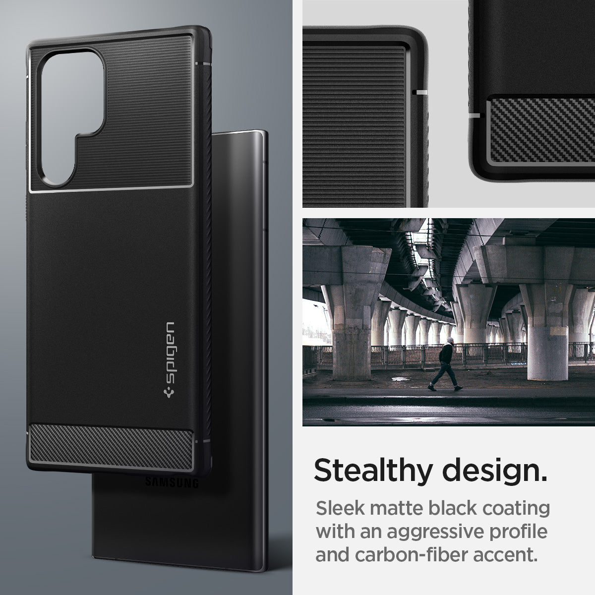 ACS03914 - Galaxy S22 Ultra 5G Case Rugged Armor in black stealthy design. sleek matte black coating with an aggressive profile and carbon fiber accent.