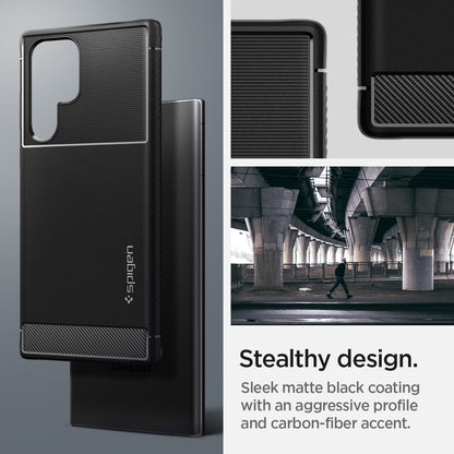 ACS03914 - Galaxy S22 Ultra 5G Case Rugged Armor in black stealthy design. sleek matte black coating with an aggressive profile and carbon fiber accent.