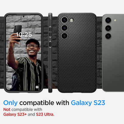 ACS05712 - Galaxy S23 Case Liquid Air in matte black showing the compatibility only with Galaxy S23. Not compatible with Galaxy S23+ and Galaxy S23 Ultra