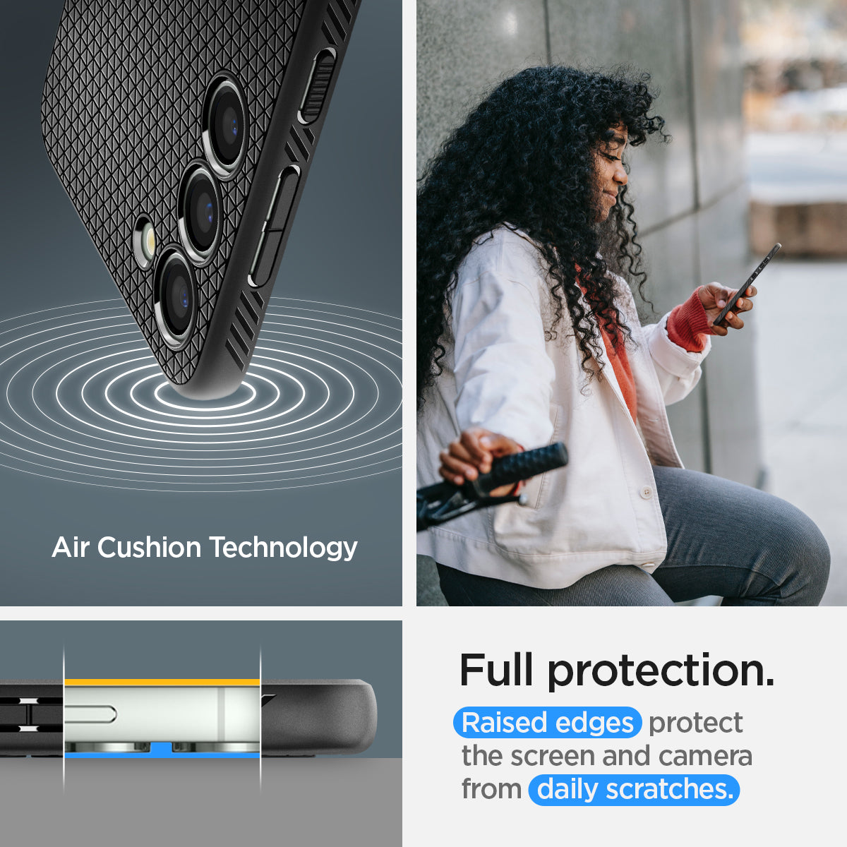 ACS05666 - Galaxy S23 Plus Case Liquid Air in matte black showing the full protection. Raised edges protect the screen and camera from daily scratches with air cushion technology