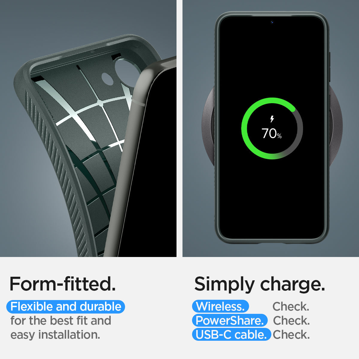 ACS05667 - Galaxy S23 Plus Case Liquid Air in abyss green showing the form-fitted. Flexible and durable for the best fit and easy installation. Simply charge with wireless, PowerShare and USB- C all check