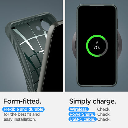 ACS05667 - Galaxy S23 Plus Case Liquid Air in abyss green showing the form-fitted. Flexible and durable for the best fit and easy installation. Simply charge with wireless, PowerShare and USB- C all check